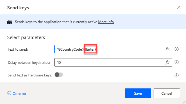 Captura de pantalla del diàleg Envia claus amb CountryCode Introduïu el camp Text per enviar.