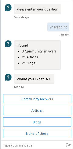 Captura de pantalla que mostra el xat del bot que mostra el nombre d'elements trobats, agrupats per categoria, com ara respostes de la comunitat, articles i blocs.