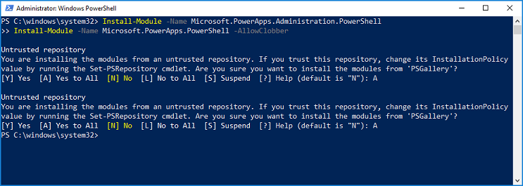 Captura de pantalla que mostra on acceptar el valor InstallationPolicy al PowerShell.