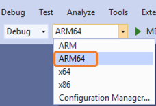 Screenshot of setting the Solution Platform to ARM64.