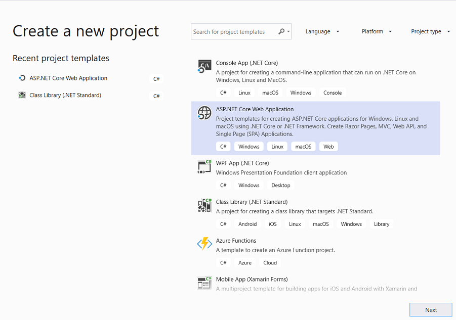 Vytvoření nového projektu webové aplikace ASP.NET Core