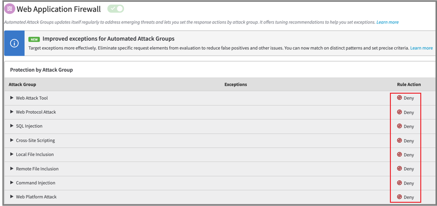 Snímek obrazovky se skupinami odepřených útoků ve sloupci Akce pravidla