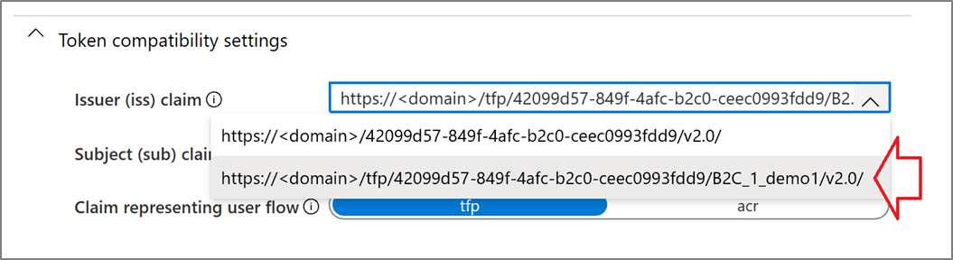 Snímek obrazovky s adresou URL dílčí deklarace identity předmětu v dialogovém okně kompatibility tokenů