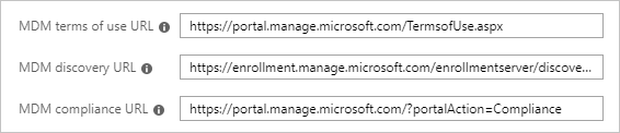 Screenshot of part of the Azure Active Directory M D M configuration section, with U R L fields for M D M terms of use, discovery, and compliance.