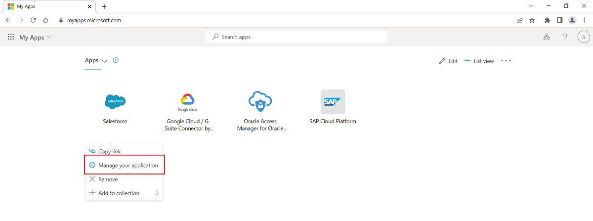 Snímek obrazovky s dílčí nabídkou Spravovat aplikaci pro aplikaci Salesforce