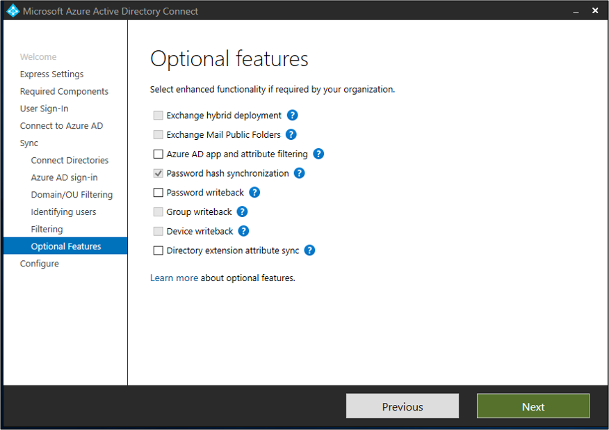 Snímek obrazovky se stránkou Volitelné funkce v Microsoft Entra Připojení