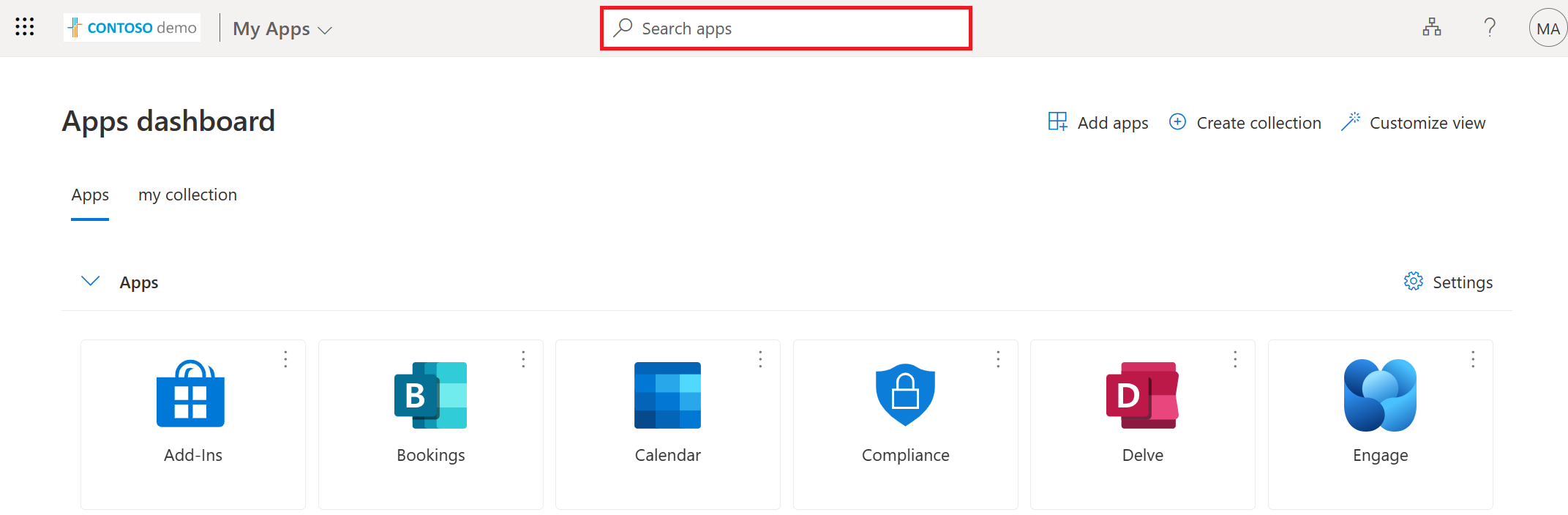 Screenshot that shows the search box for the My Apps portal.