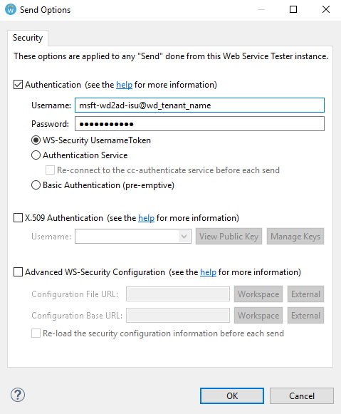 Snímek obrazovky znázorňující kartu Zabezpečení se zadaným uživatelským jménem a heslem a vybraným tokenem uživatelského jména WS-Security
