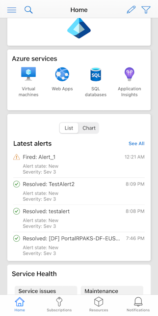 Snímek obrazovky zobrazující zobrazení seznamu oznámení na domovské stránce mobilní aplikace Azure