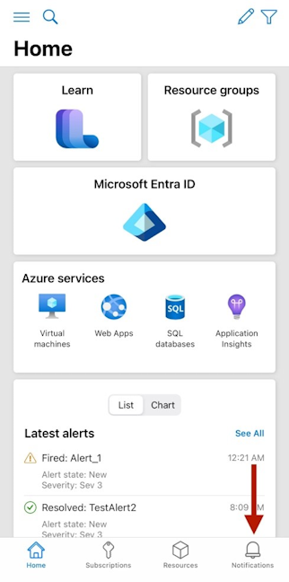 Snímek obrazovky s ikonou Oznámení na dolním panelu nástrojů mobilní aplikace Azure