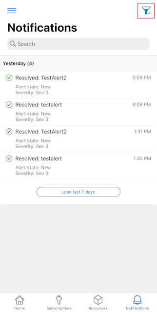 Snímek obrazovky zobrazující zobrazení seznamu oznámení a možnost filtru v mobilní aplikaci Azure