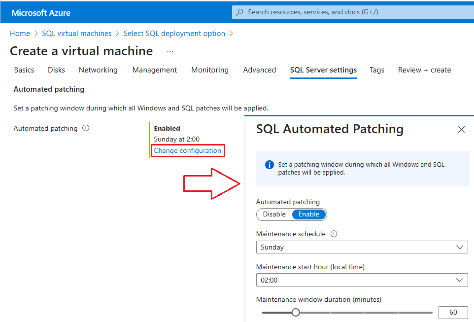 Snímek obrazovky s automatizovanými opravami SQL na webu Azure Portal