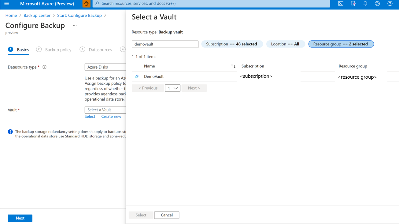 Snímek obrazovky znázorňující proces výběru trezoru služby Backup