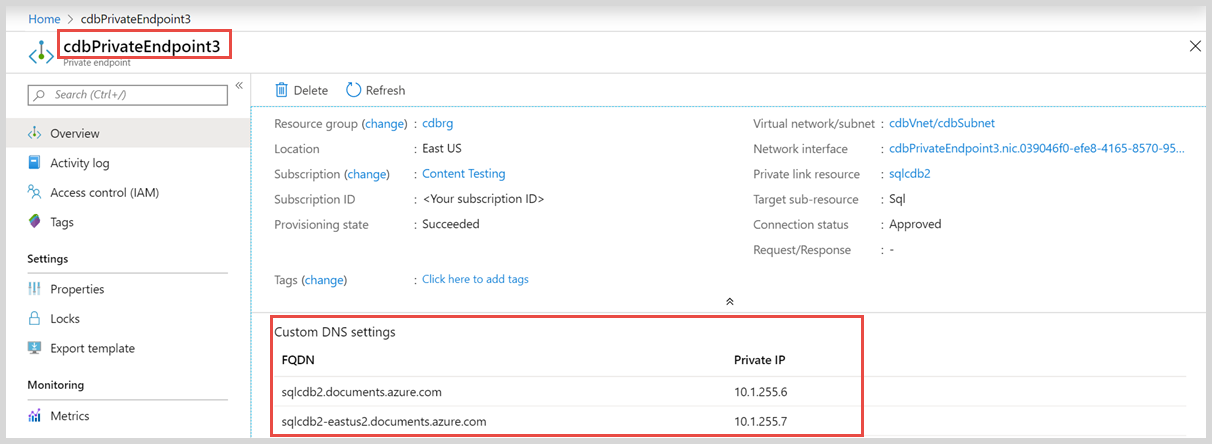 Snímek obrazovky s privátními IP adresami v Azure Portal