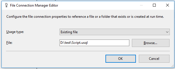 Snímek obrazovky znázorňující soubor Správce připojení Editor s vybranou možností Existující soubor jako Typ využití