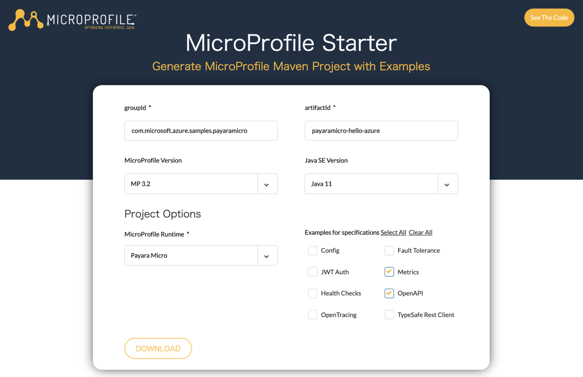 Snímek obrazovky s vybranou možností MicroProfile Starter s modulem runtime Payara Micro