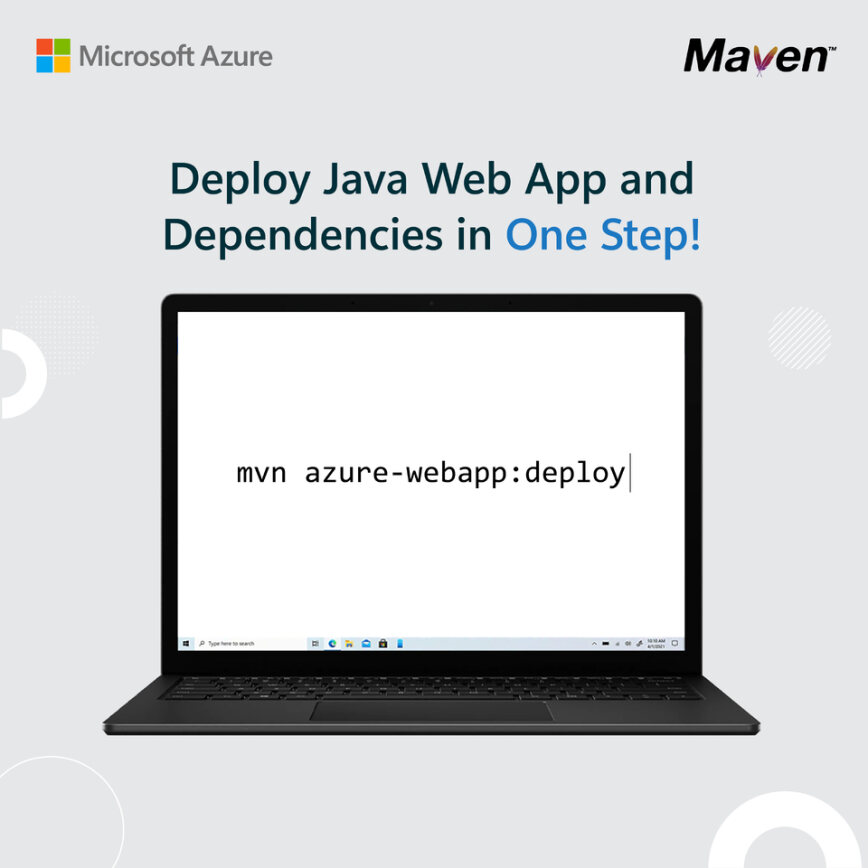 Diagram znázorňující obrazovku přenosného počítače s textem mvn azure-webapp:deploy a nadpisem Nasazení webové aplikace Java a závislostí v jednom kroku