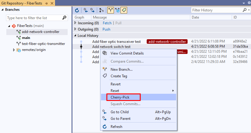 Snímek obrazovky s možností Cherry-Pick v místní nabídce potvrzení v okně Úložiště Git v sadě Visual Studio