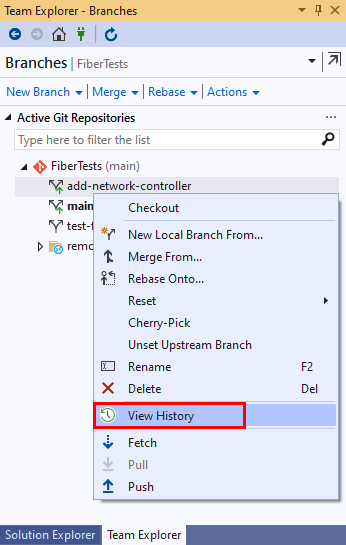 Snímek obrazovky s možností Zobrazit historii v zobrazení Větve v Team Exploreru v sadě Visual Studio 2019