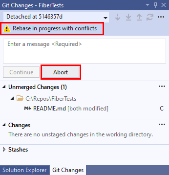 Snímek obrazovky se zprávou o konfliktu opětovného základu v okně úložiště Git v sadě Visual Studio