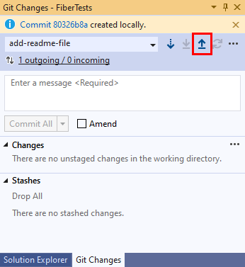 Snímek obrazovky s tlačítkem pro stisknutí šipky nahoru v okně Změny Gitu v sadě Visual Studio