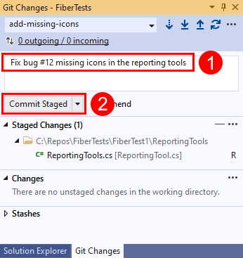 Snímek obrazovky s tlačítkem Potvrdit vše v okně Git Changes v sadě Visual Studio