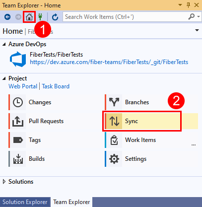 Snímek obrazovky s možností Synchronizovat v Team Exploreru v sadě Visual Studio 2019