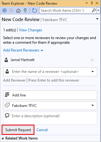 Snímek obrazovky s tlačítkem Odeslat žádost a vyplněnou novou stránkou revize kódu v Team Exploreru