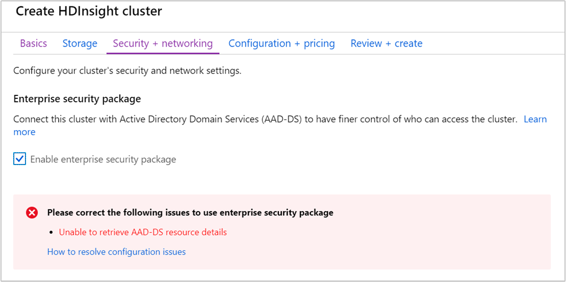 Azure HDInsight Enterprise Security Package failed domain validation.