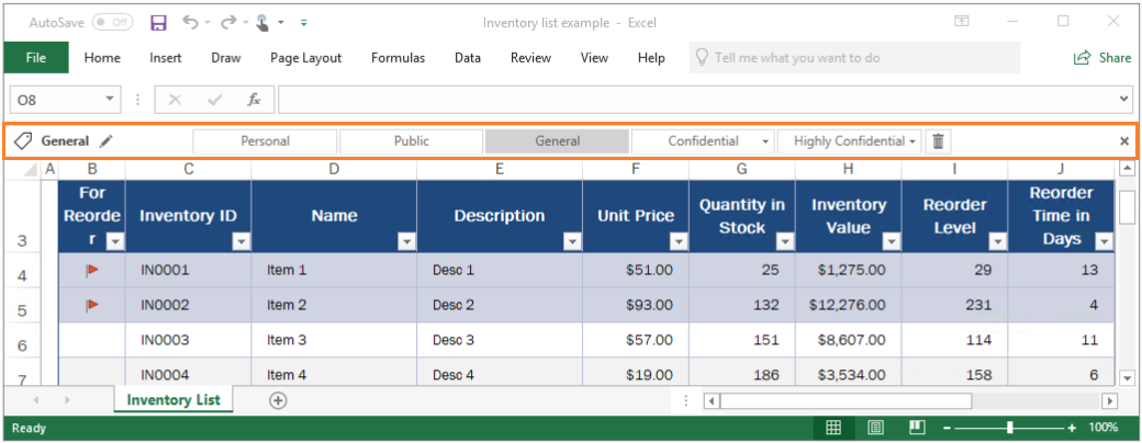 Příklad panelu Azure Information Protection v Excelu
