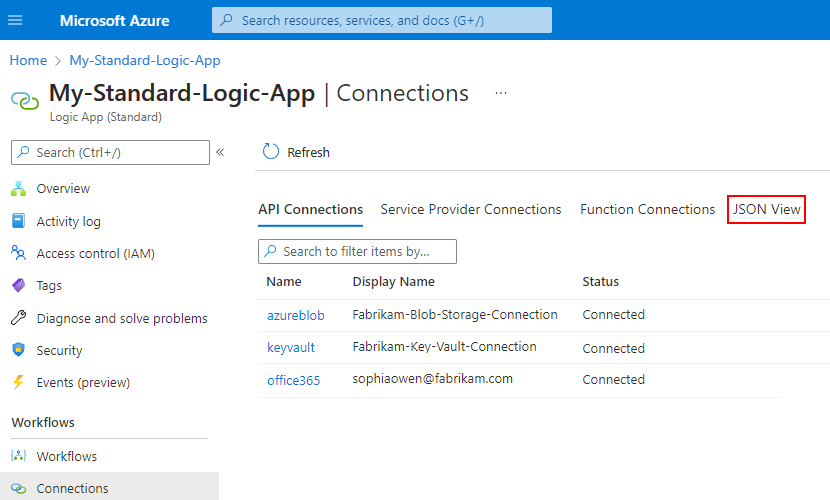 Screenshot showing the Azure portal, Standard logic app resource, 