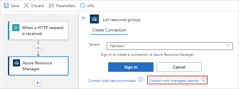 Screenshot shows Standard workflow, Azure Resource Manager action, and selected option for Connect with managed identity.