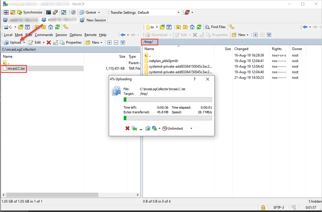 Snímek obrazovky s nahráním kolektoru protokolů do cílového hostitele