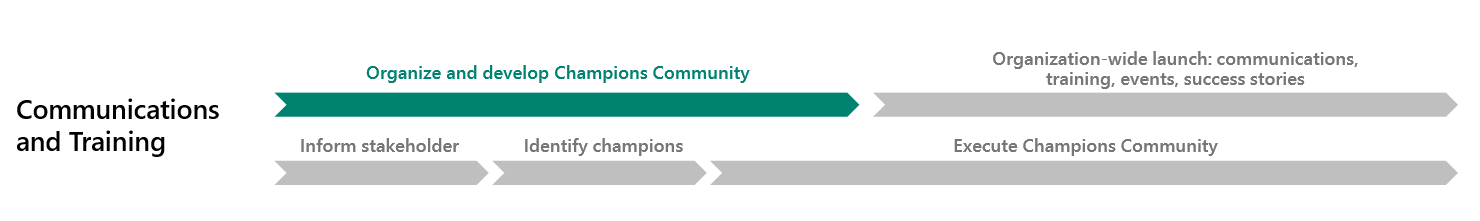 Fáze organizace a rozvoje komunity šampionů.