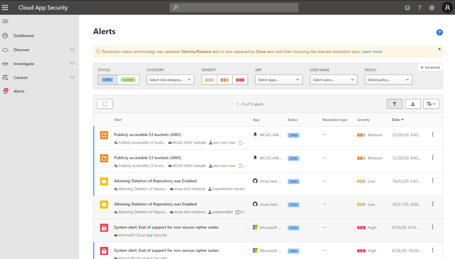 A screenshot of the Alerts page in the Defender for Cloud Apps portal.