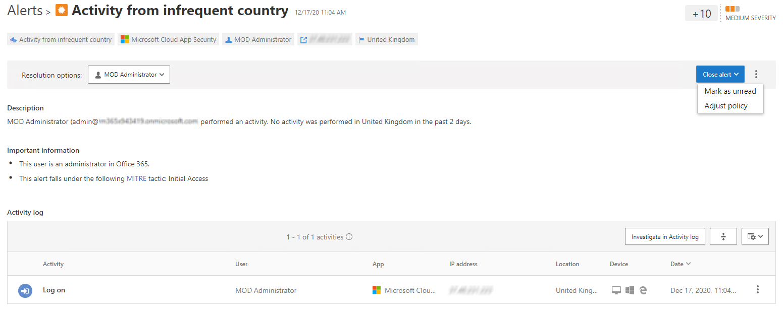 A screenshot of the detail page for an Activity from infrequent country alert. The administrator has selected the **Action** button and is about to adjust the policy from which the alert was raised.