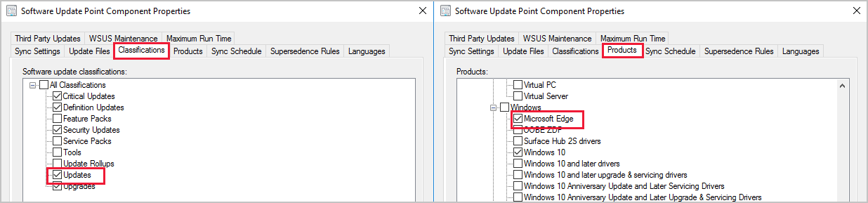 Ve vlastnostech bodu aktualizace softwaru vyberte Microsoft Edge jako produkt.