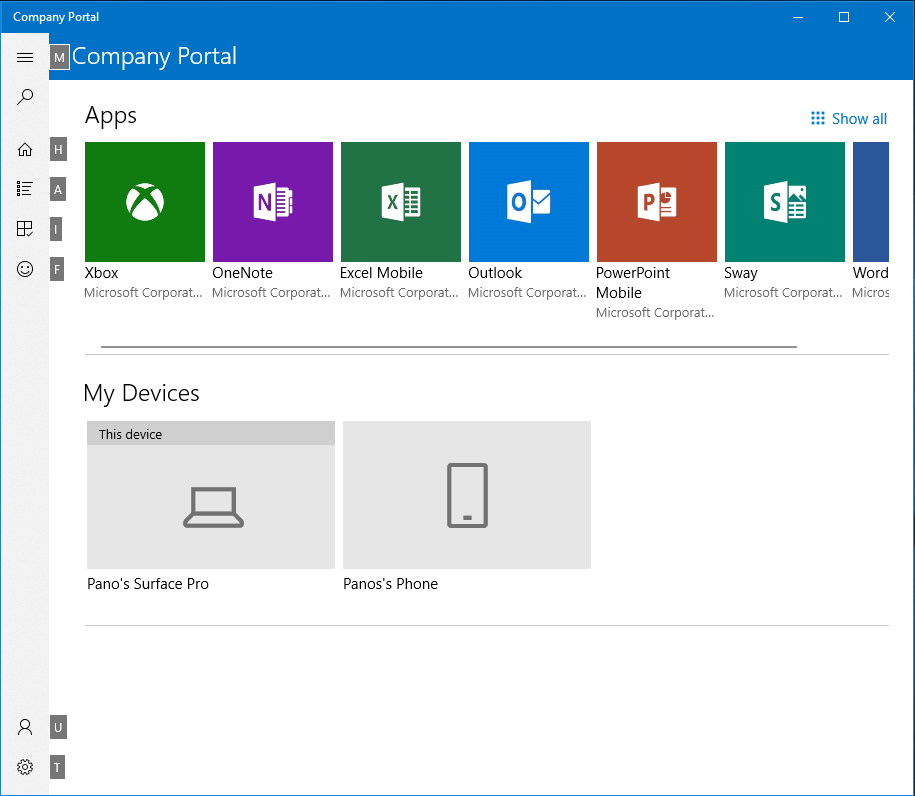 Snímek obrazovky s dostupnými klávesovými zkratkami v Windows Portál společnosti