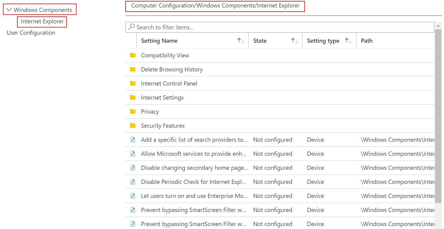 Zobrazení všech nastavení zařízení, která platí pro Internet Explorer v Centru Microsoft Intune a Endpoint Manager pro správu