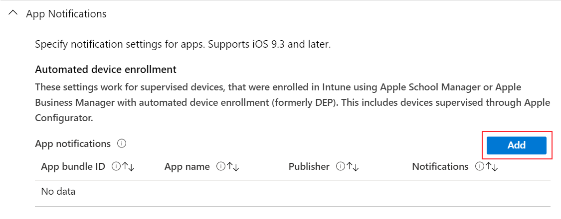 Přidání oznámení aplikace do konfiguračního profilu funkcí zařízení s iOS/iPadOS v Microsoft Intune
