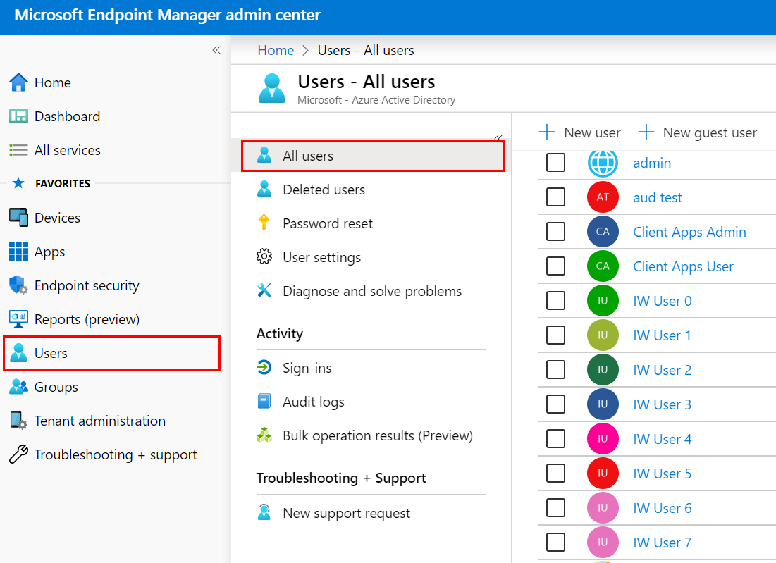 V centru pro správu Endpoint Manager vyberte Uživatelé.