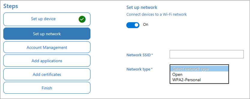 Snímek obrazovky s povolením Wi-Fi včetně možností Síťový identifikátor SSID a Typ sítě v aplikaci Windows Configuration Designer