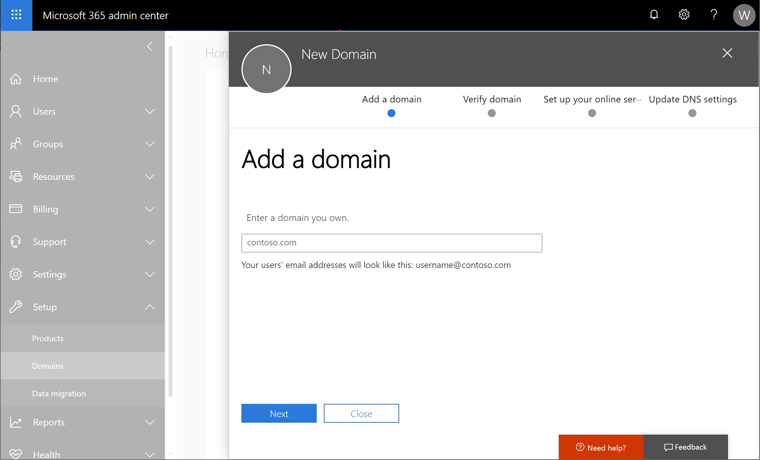 Snímek obrazovky Centrum pro správu Microsoftu 365 s vybranou Nastavení > domény a přidáním nového názvu domény