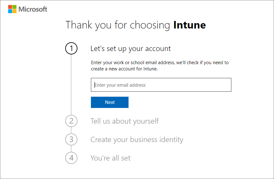 Snímek obrazovky se stránkou nastavení účtu Microsoft Intune – zadání e-mailové adresy