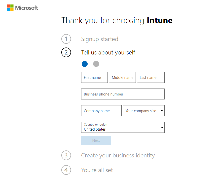 Snímek obrazovky se stránkou nastavení účtu Microsoft Intune – přidání podrobností o účtu