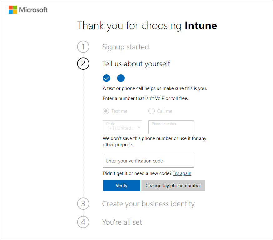 Snímek obrazovky se stránkou nastavení účtu Microsoft Intune – ověření kódu