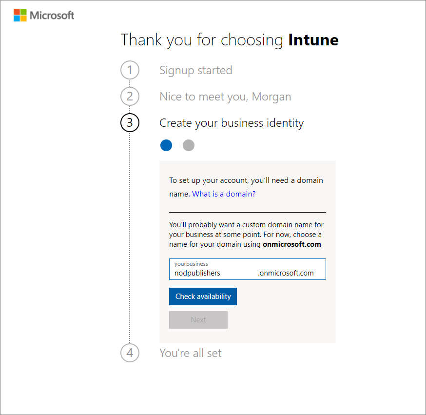 Snímek obrazovky se stránkou nastavení účtu Microsoft Intune – přidání názvu domény