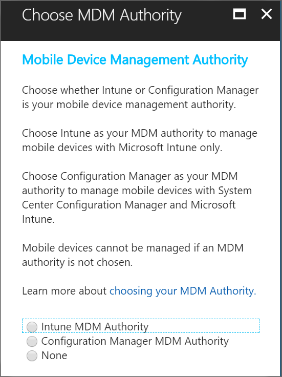 Snímek obrazovky s obrazovkou intune set mobile device management authority