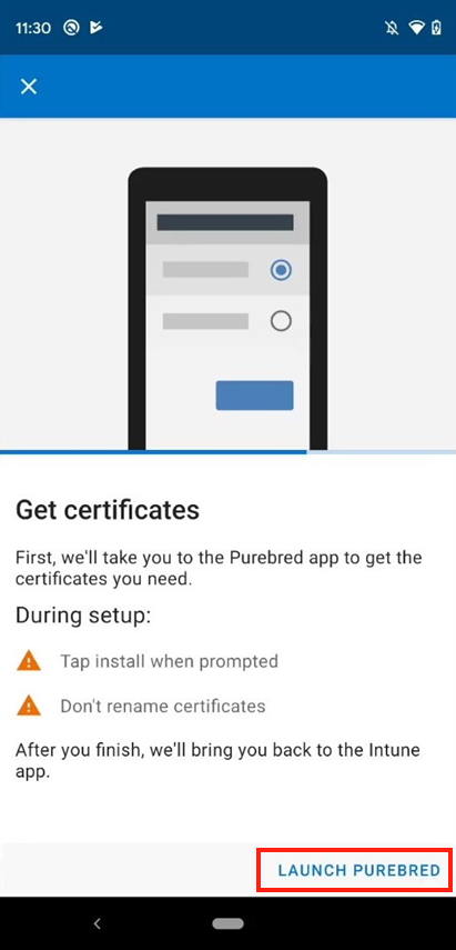 Snímek obrazovky s výzvou aplikace Intune k otevření aplikace DISA Purebred