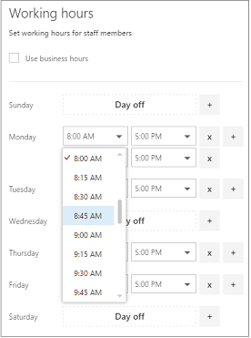Obrázek obrazovky pracovní doby zaměstnanců služby Bookings